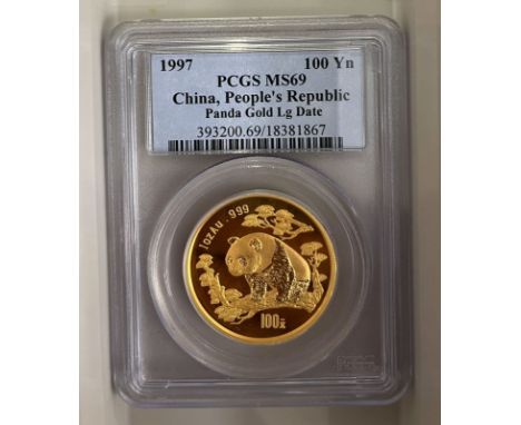 CHINA. People's Republic. Gold 100 yuan, 1997. Shenyang Mint. Panda standing on the tree trunk. Chinese characters; inscripti