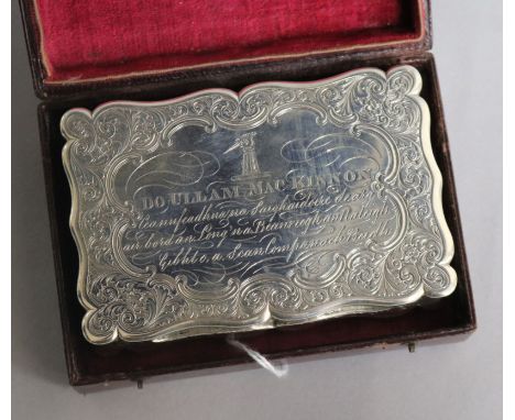 A cased Victorian engraved silver snuff box, Edward Smith, Birmingham 1849, 92mm.