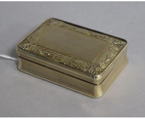 A George III engine turned silver gilt snuff box, decorated with hunting scene, Daniel Hockley, London, 1813, 78mm.