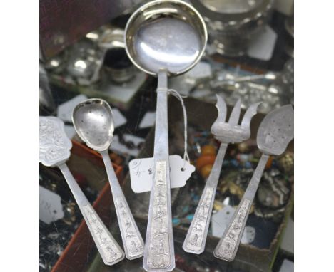 Five assorted Vietnamese white metal servers including a soup ladle.