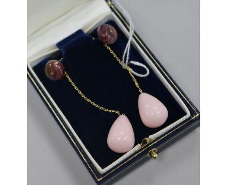 A pair of 18ct gold pink jade and ruby drop earrings, 66mm.