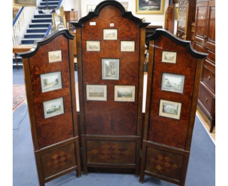 A 19th century Austrian thuyawood dressing screen inset with topographical prints W. 168cm approx.