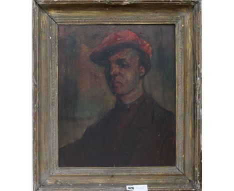 Grunspan, oil on panel, man in a red cap, bear Zwemmer Gallery label verso, 52 x 43cm