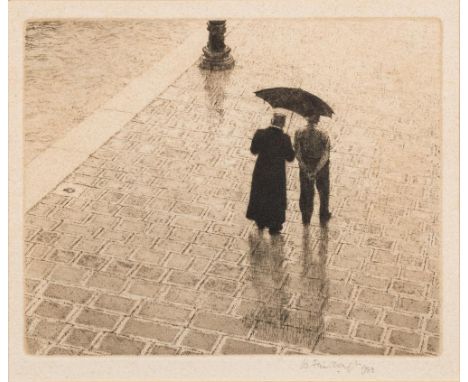* Wilfred R E Fairclough [1907-1996]- Torcello umbrellas,:- two etchings, signed and dated 1980 / 1983 plate sizes 17.5 x 22c