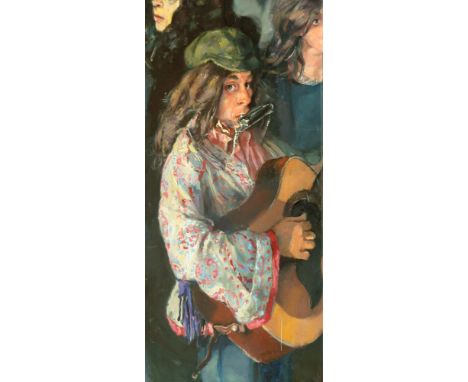 * Robert O. Lenkiewicz [1941-2002]- Street busker Edward Pike with guitar and harmonica,:- signed, inscribed and dated 1971 o