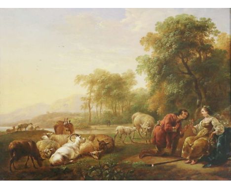 Nicolaes BERCHEM (1620-1683), Granida und Daifilo, Öl auf Holztafel, Maße: 28 x 37 cm, die Prinzessin und der Hirte, umgeben 