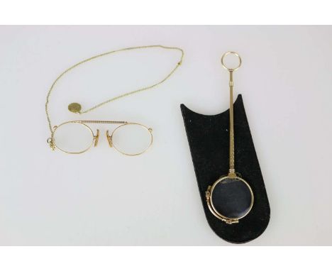 Lorgnette mit Mechanik zum öffnen, klemmpt etwas, Walzgold, gestempelt 25%, Gesamtgewicht mit Gläsern: ca. 30,5 g. Dazu ein Z