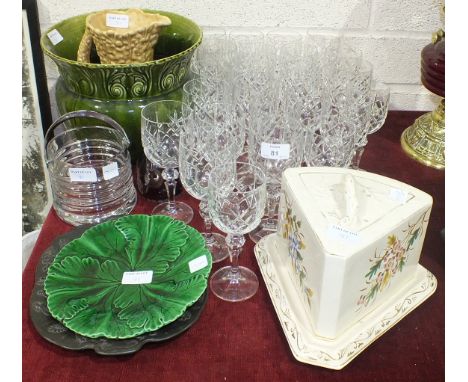 A collection of wine glasses, a green-glazed ceramic jardinière, a SylvaC jug impressed '1962', other glassware and chinaware