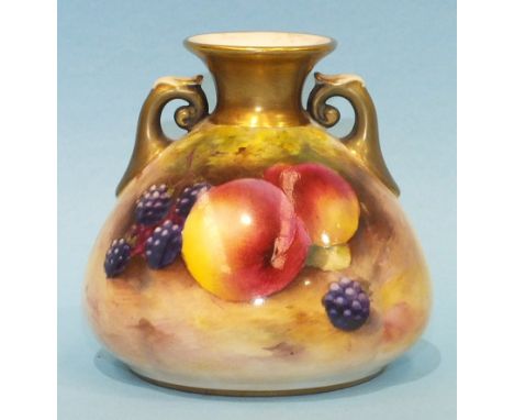 A Royal Worcester squat shaped two-handled vase having painted fruit decoration of apples and blackberries, signed 'Moseley',