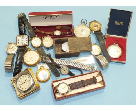 A quantity of wrist watches and fob watches, many a/f, by Tissot, Rotary and a Hanhart stop watch.