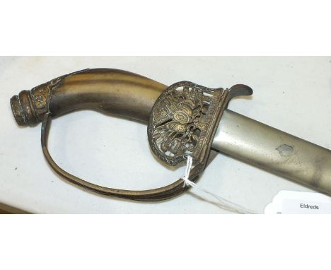 A Turkish Infantry Officer's sword in the Imperial German 1889 style, with horn handle, fold-down brass guard with trophy of 