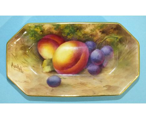 A Royal Worcester octagonal-shaped pin tray having painted fruit decoration, signed 'Moseley', base with printed mark and dat