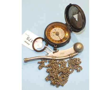A Mordan & Co. brass-fronted and metal compass no.5791, dated 1918, 5.5cm diameter and a plated Boatswain's whistle, (2).