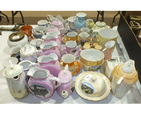 A collection of late-19th/early-20th century ceramic souvenir ware, including pink lustre jugs and teapots, etc.