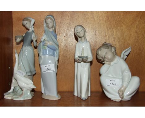 Four Lladro figures: 'Young girl holding a chamber stick', 19cm high, 'Young girl feeding a Goose', 22cm high, 'Young girl ho
