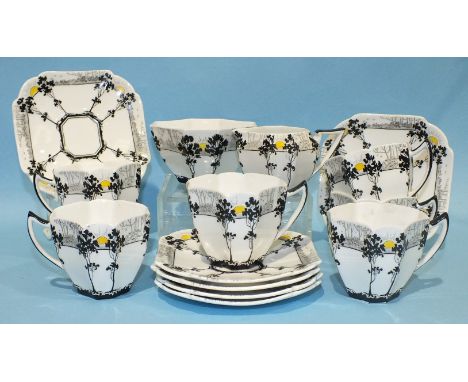 A Shelley Queen Anne shape 'Trees and Sunrise' coffee part-set, comprising: six each cups and saucers, sugar bowl and cream j