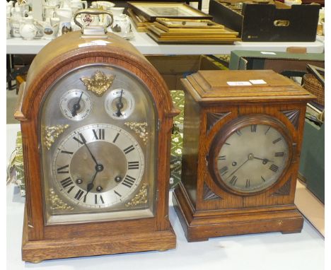 An oak-cased chiming bracket clock with slow/fast, chime/silent and carrying handle, 34cm high and an oak-cased striking mant