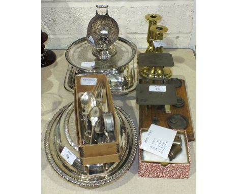 Two plated entrée dishes and covers, other plated ware, a pair of brass candlesticks, a copper warming pan and a set of posta