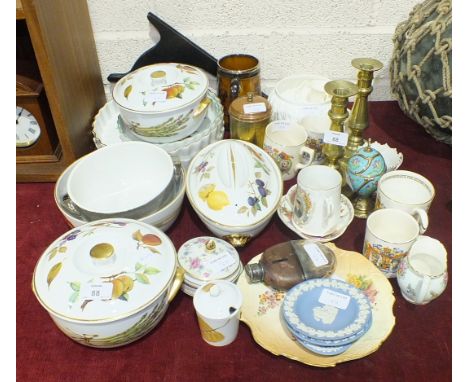 A quantity of Royal Worcester 'Evesham' dinnerware, other ceramics, a pair of brass candlesticks, 18.5cm high and miscellaneo