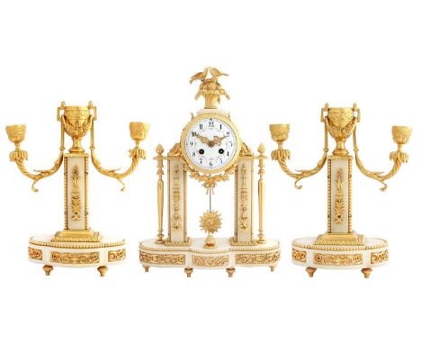 A Marble and Gilt Metal Striking Mantel Clock Garniture, circa 1900, case surmounted by a basket of flowers and two birds, ce