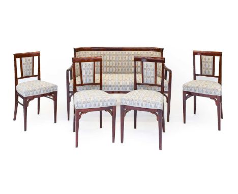 A Late 19th/Early 20th Century North European Mahogany-Framed Five Piece Drawing Room Suite, recovered in modern light green 