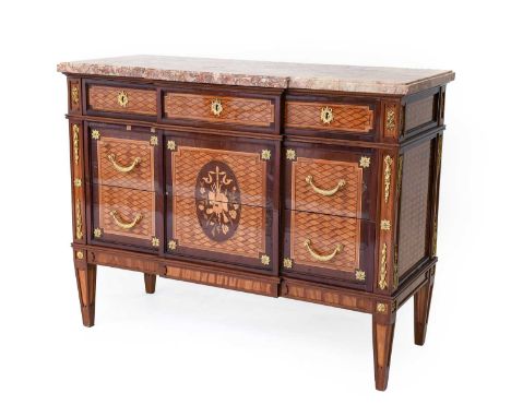 A Louis XIV-Style Bois Satine, Parquetry, Marquetry and Gilt Metal-Mounted Breakfront Commode, 20th century, the veined pink 