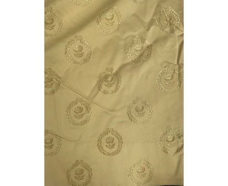 A Pair of Yellow and Gold Floral Silk Curtains, decorated with flowers and laurel leaves, with black fabric lining each curta
