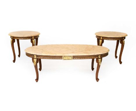 Angelo Cappellini: An Italian Reproduction Stained Mahogany and Parcel Gilt Marble-Top Coffee Table, modern, the pink veined 