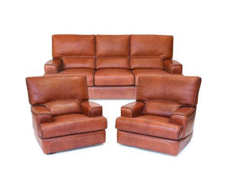 A Brown Leather Three-Piece Suite, modern, with stitched detail and black piping, comprising: a three-seater sofa, 201cm by 8