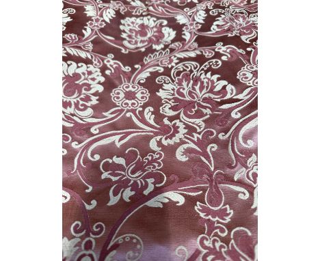 A Pair of Pink Silk Floral and Gilt Decorated Curtains with yellow curtain linings with matching pelmet and pair of rope tie 