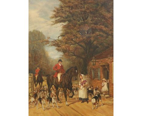 R Warren Vernon (19th/20th century) Huntsman and hounds at a cottage door Signed, oil on canvas, 59cm by 44cmThis lot has bee