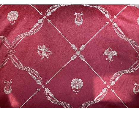 A Pair of Red and Gold Lined Curtains, decorated with musical trophies and putto each curtain 300cm drop by 230cm A Matching 