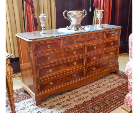 A Reproduction Yewwood and Crossbanded Straight Front Chest of Drawers, with an arrangement of nine drawers, all between cant