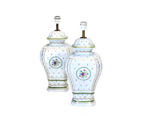 A Pair of Haviland Limoges Porcelain Lamp Bases, 20th century, of square section baluster form decorated with flowersprays an