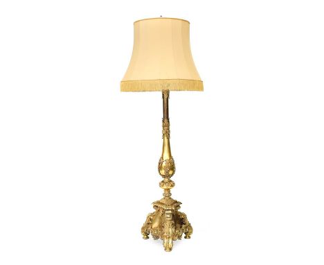 An Imposing Late 19th Century Gilt Metal Roccoco-Style Standard Lamp, the baluster shaped support decorated with acanthus lea