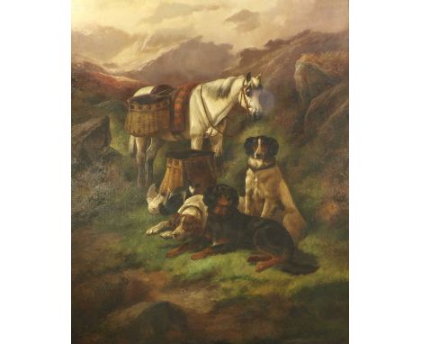 John Gifford (d.1900) Hunting dogs and pony with the days catch within a mountain landscape Signed, oil on canvas 144.5cm by 