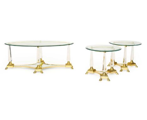 A Reproduction Italian Style Glass and Gilt Metal Oval Coffee Table, 129cm wide, and a pair of matching circular glass top la