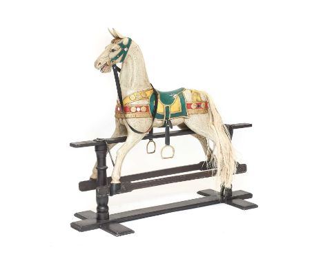 A 20th Century Light Grey Polychrome Painted Composition Rocking Horse, with simulated horsehair mane and tail, on a painted 