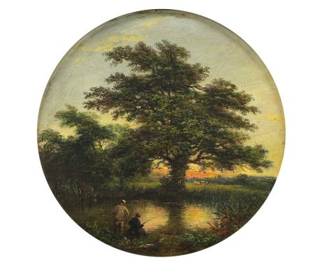 R Burrows (19th century) Anglers in a river landscape at sunset Signed, oil on panel, together with a companion depicting a r