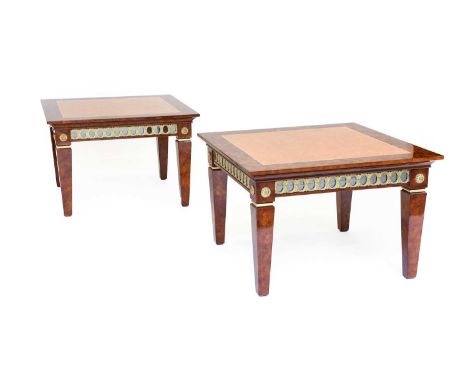 F Turri: A Pair of Italian Burr Walnut-Laminted and Gilt Metal-Mounted Lamp Tables, modern, of square form with guilloche-pat