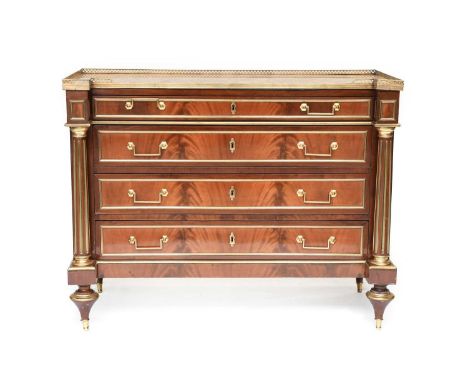 A Late 19th Century French Mahogany and Gilt Metal-Mounted Commode, in Louis XVI style, the pink and yellow marble top with p