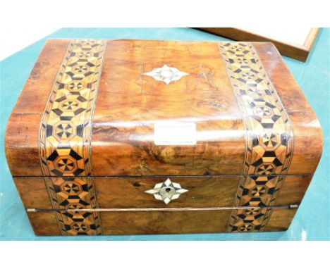 A VICTORIAN WALNUT WORKBOX/WRITING SLOPE  with bands of parquetry inlay and mother-of-pearl inlaid decoration, 30cm wide 22cm