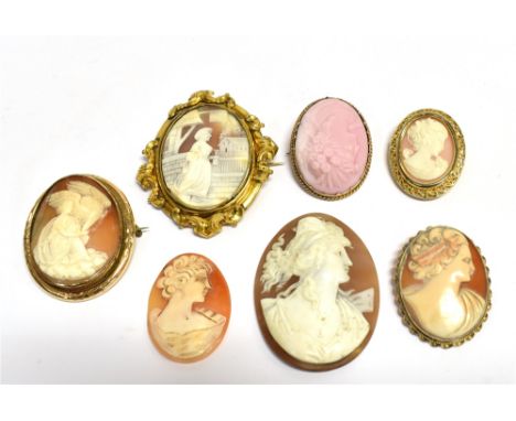 A COLLECTION OF FIVE VINTAGE CAMEOS  Together with two unmounted cameo shells