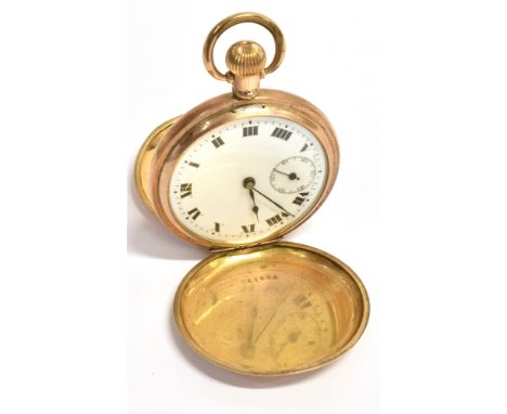 A GILT DENNISON STAR CASED FULL HUNTER POCKET WATCH  the watch fitted with an anonymous white enamel dial, sub dial, black Ar