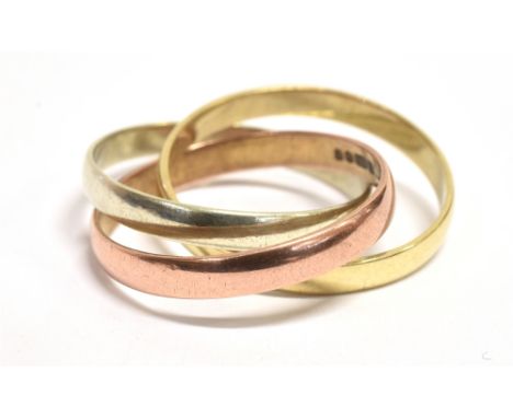 A 9CT GOLD, TRI COLOURED TRINITY RING  comprising three interlocked rings in rose, yellow and white gold, the shank with fade