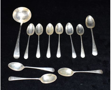 A COLLECTION OF TEN HALLMARKED SILVER TEASPOONS Together with an early 19th century hallmarked silver ladle (leopard's head c
