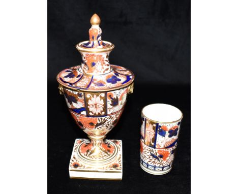 A 19TH CENTURY IMARI PALETTE LIDDED VASE  probably Chamberlains, Worcester, 23cm high; and a matching vase of cylindrical for