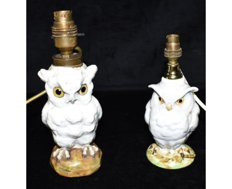 TWO MEISSEN/DRESDEN STYLE LAMP BASES  modelled as owls, 23cm and 19cm high, the smaller bearing crossed swords mark Condition