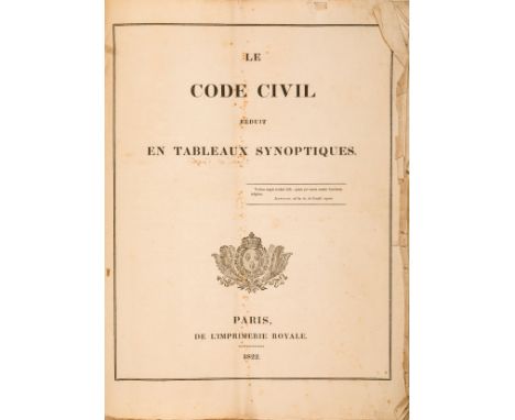 NO RESERVE Code civil reduit en tableaux synoptiques. Paris: l'Imprimerie Royale, 1822.In-folio (mm 448x330). Carte [17]. Ese