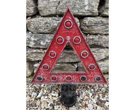 A cast alloy warning triangle road post top with reflectors, marked Royal Automobile, London SW1, 18 x 20".